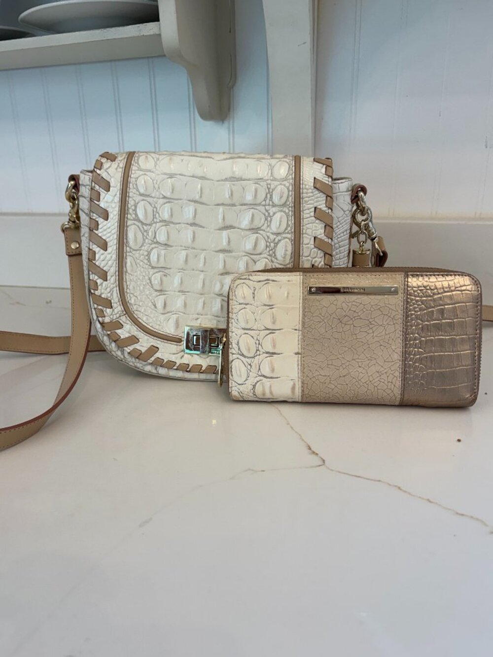Brahmin Vintage Portia Crossbody Coconut Milk Tan Whipstitching & Wallet